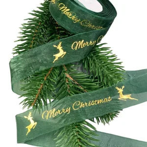Ribbon for wrapping gifts NEW YEAR 25mm "Unison" /D13701 green/ organza, green "Merry Christmas", 25 yards (5)