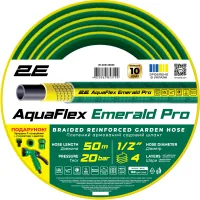Шланг для поливу 2E AquaFlex Emerald Pro, 1/2", 50м, 4 шари, 20бар, -10…+60°C, зрошувач, 2 конектори, адаптер (2E-GHE12ED50)