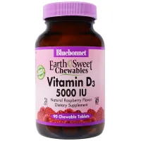 Вітамін Bluebonnet Nutrition Вітамін D3 5000IU, Смак Малини, Earth Sweet Chewables, 90 ж (BLB-00366)