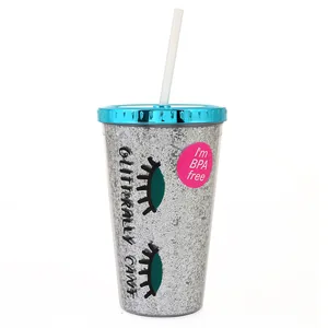 Glass (Tumbler) "YES" /707010/ "Closed Eyes" 480 ml, with tube, with glitter (1/24)