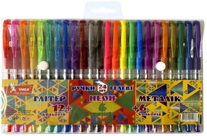 Набір гелевих ручок "УМКА" /ГР54/ 12+6+6 кол. "Glitter+Neon+Metallic" прогум. грип (1/12/36)