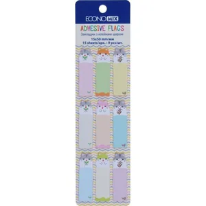 Індекс регістри "Economix" /E20962-02/ ПАПЕРОВІ,15х50 мм, Fun Mouse, 135 шт., 9 кольорів асорті (1/50/1000)